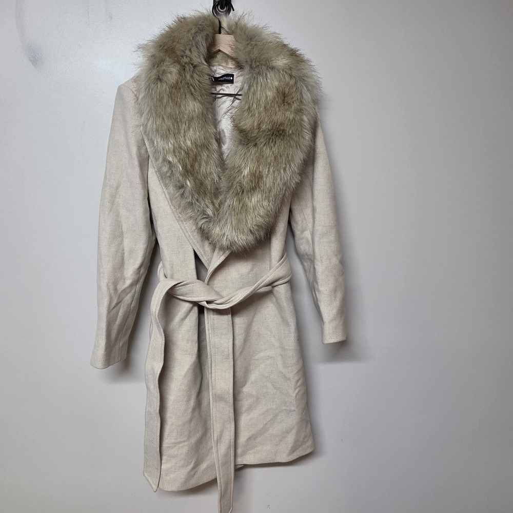 Zara Woman XXL Wool Blend Wrap Coat Faux Fur Collar Belted Cream Ivory Winter